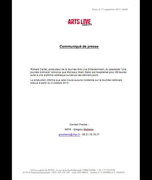 Le communiqué de presse de la société Arts Live Entertainment qui annonce l'hospitalisation d'Alain Delon - 17 septembre 2013
