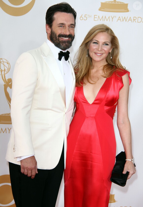 Jon Hamm et sa femme Jennifer Westfeldt à la 65e cérémonie annuelle des "Emmy Awards" à Los Angeles, le 22 septembre 2013.