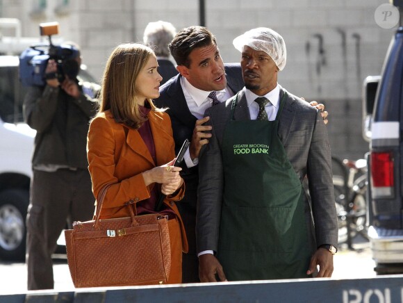 Jamie Foxx, Rose Byrne et Bobby Cannavale sur le tournage du film Annie à Brooklyn, New York le 1er octobre 2013.