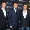 Romain Grosjean, Leonardo DiCaprio, Sébastien Ogier lors de la soirée TAG Heuer qui célébrait le 50e anniversaire de son modèle emblématique, la Carrera, au Pavillon Vendôme à Paris, le 6 novembre 2013