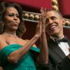Barack Obama et Michelle Obama lors des 36e Honneurs du Kennedy Center, Carlos Santana, Shirley MacLaine, Billy Joel, Herbie Hancock et Martina Arroyo, à la Maison Blanche le 8 décembre 2013.