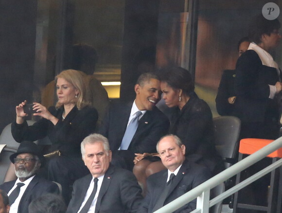 Helle Thorning-Schmidt, Barack Obama et sa femme Michelle - Cérémonie d'hommage à Nelson Mandela au stade de Soccer City à Soweto, le 10 décembre 2013.
