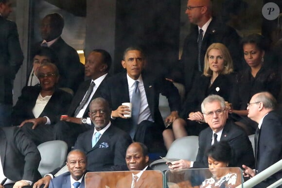 David Cameron, Helle Thorning-Schmidt et Barack Obama - Cérémonie d'hommage à Nelson Mandela au stade de Soccer City à Soweto, le 10 décembre 2013.