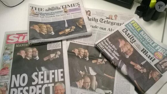 Jacques Klopp, journaliste à l'AFP, a posté cette photo sur Twitter montrant que la presse anglaise du 11 décembre 2013 fait la part belle au selfie de Barack Obama à Soweto.