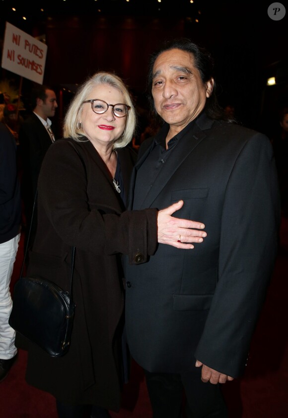 Josiane Balasko et son mari George Aguilar à la générale du spectacle de Thierry Mugler au Comedia, Mugler Follies, à Paris, le 18 décembre 2013.