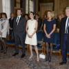 Exclusif - Candice Hugo (avec sa mère Nicole Coullier et Gilbert Coullier) et Christophe Dardeau (avec ses parents) lors de leur mariage à la mairie du 16e arrondissement de Paris le 18 décembre 2013