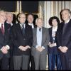 Jean Orizet (président de l'association des écrivains combattants), Philippe Valet et Michel Tauriac, alors fait commandeur dans l'ordre des arts et des lettres, Stéphane Bern, Jean d'Ormesson et Frédéric Mitterrand, au ministère de la Culture, à Paris, le 7 février 2012.