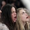 Michelle Rodriguez et Cara Delevingne assistent à la rencontre entre les New York Knicks et les Detroit Pistons au Madison Square Garden. New York, le 7 janvier 2014.