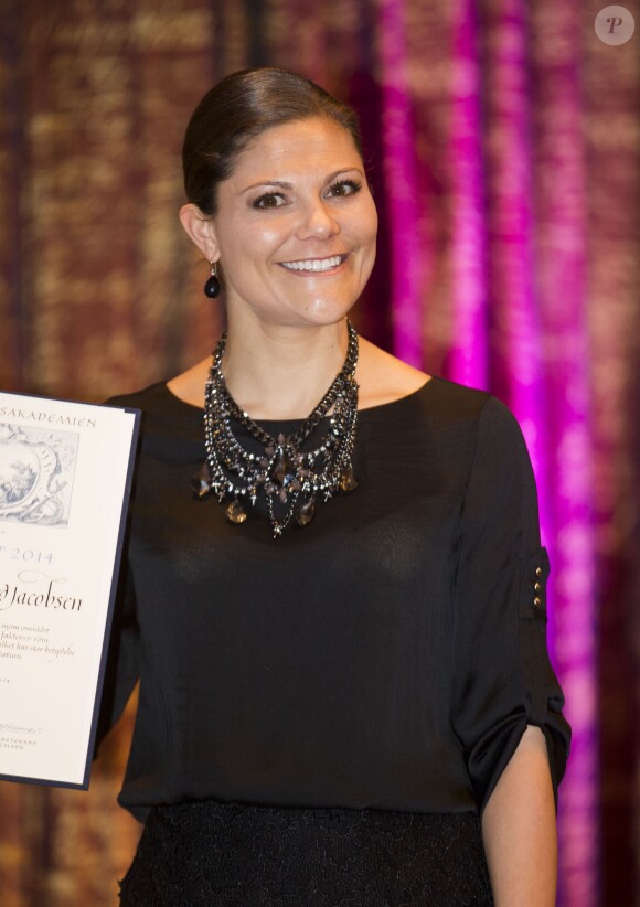 La princesse Victoria de Suède prenait part le 15 janvier 2014 à la remise du Prix Tobias décerné par la fondation du même nom, à l'Académie royale des sciences de Stockholm.