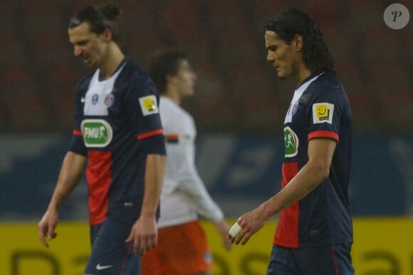Edinson Cavani et Zlatan Ibrahimovic déçus après le match de Coupe de France, PSG-Montpellier à Paris, le 22 janvier 2014.