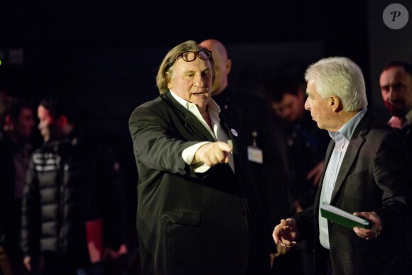 Gérard Depardieu arrive en star pour clôturer le Ramdam Festival, le festival du film qui dérange, à Tournai en Belgique, le 28 janvier 2014.