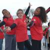 Christine Kelly, Françoise Laborde et Laura Flessel ont participé à un flashmob pour soutenir la place des femmes dans le sport et leur représentation dans les médias, le 1er février 2014 à Paris.