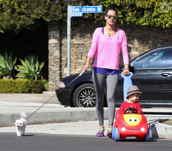 Alessandra Ambrosio passe du temps avec son fils Noah et leur adorable chien à Brentwood, le 11 février 2014