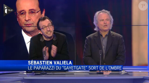 Cyrille Eldin et Franz-Olivier Giesbert, invités de La Semaine des Médias sur i-Télé, le dimanche 16 février 2014.