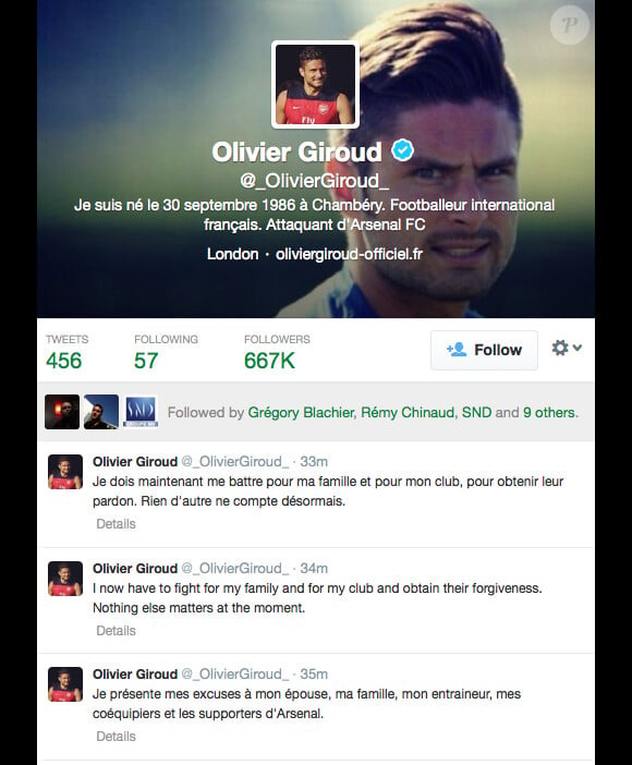 Twitter officiel d'Olivier Giroud, sur lequel il a posté un message d'excuses mystérieux, suite à la parution de photos dans le magazine The Sun, qui lui prête une relation supposée avec une jeune femme autre que son épouse.