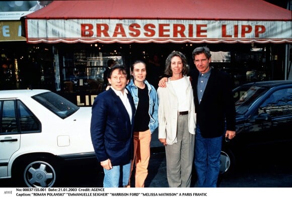 Roman Polanski, Emmanuelle Seigner, Melissa Mathison et Harrison Ford à Paris pour la promotion du film Frantic le 21 janvier 1993