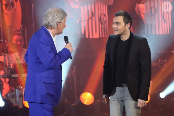 Patrick Sébastien et Jeff Panacloc lors de l'enregistrement de l'émission "Les années bonheur" à Paris le 5 mars 2014. L'émission sera diffusée, le 15 mars 2014.