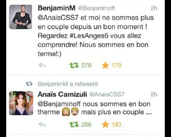 Benjamin des "Anges de la télé-rélalité 6" officialise sa rupture avec Anaïs. Mars 2014.