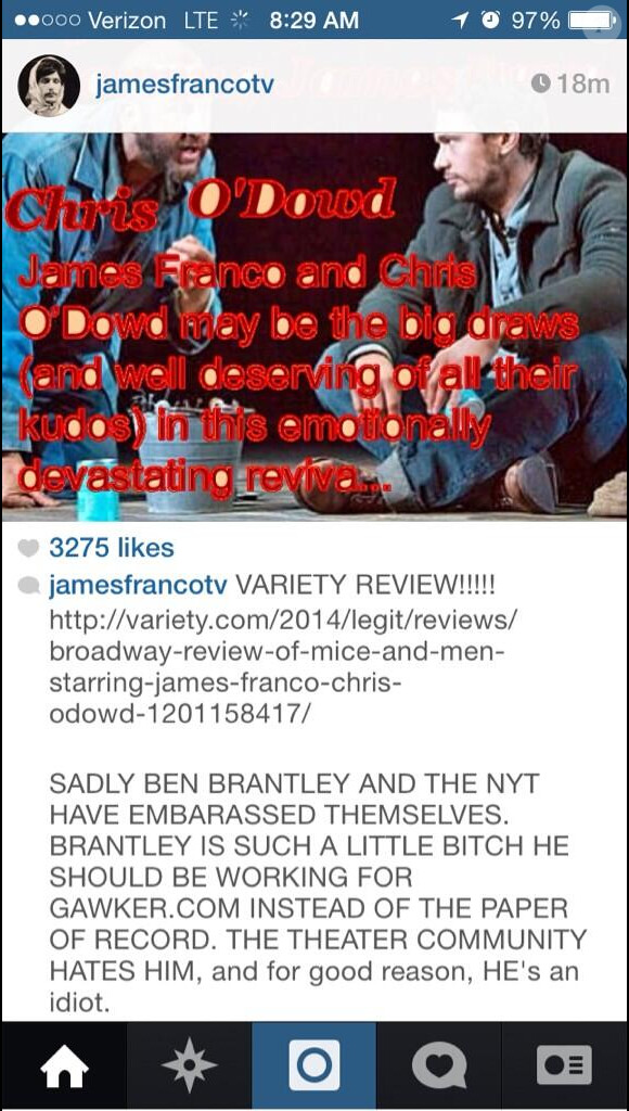 James Franco s'en prend violemment à un critique du New York Time, sur son Instagram.