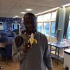 Yaya Touré mange une banane, participant à la campagne "nous sommes tous des singes", lancée sur les réseaux sociaux, après que Daniel Alvès, joueur du FC Barcelone, avait été victime d'un jet de banane lors du match entre Villarreal et le FC Barcelone, le 27 avril 2014 au Madrigal de Villarreal. Dani Alvès avait alors mangé la banane...
