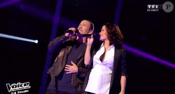 Jenifer et Florent Pagny sur le plateau de The Voice, le samedi 26 avril 2014 sur TF1.