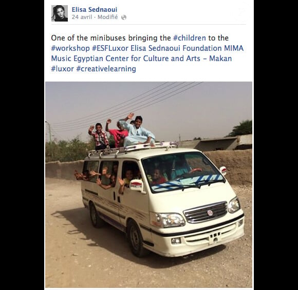Elisa Sednaoui a fait un séjour en Egypte en avril 2014 pour lancer les actions de sa fondation en faveur de l'apprentissage créatif.