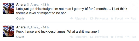 Sur Twitter, la compagne de Samir Nasri, Anara Atanes, a copieusement insulté la France et Didier Deschamps, le 13 mai 2014.