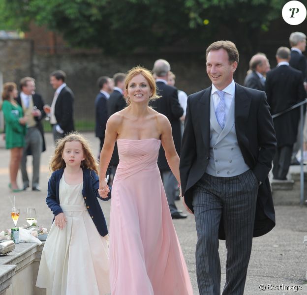 Geri Halliwell avec sa fille Bluebell et son compagnon Christian Horner lors du mariage de Poppy Delevingne et de James Cook en l'&eacute;glise de "St Paul's" &agrave; Londres, le 16 mai 2014.