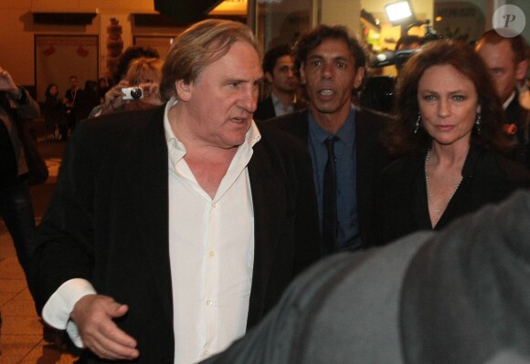 Gérard Depardieu et Jacqueline Bisset, accompagnés de Thierry Fremaux, sont venus présenter leur film "DSK" au cinéma CineStar lors du 67ème festival international du film de Cannes.
