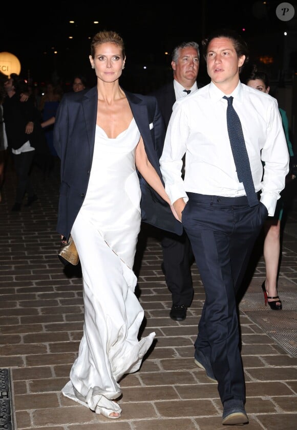 Heidi Klum et son compagnon Vito Schnabel arrivent sur le yacht Sirocco Douglas, pour la soirée organisée par Roberto Cavalli. Cannes, le 21 mai 2014.