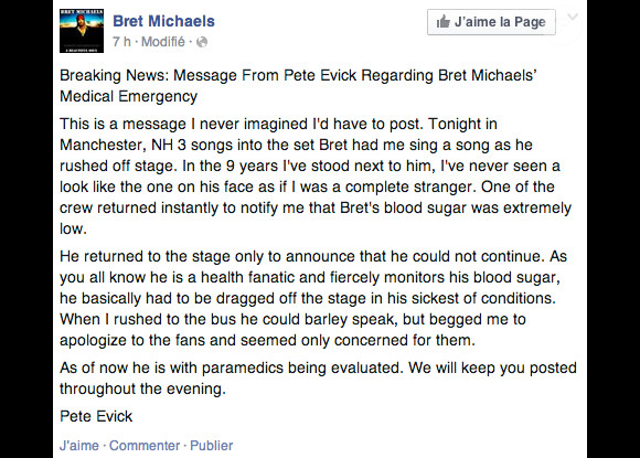 Pete Evick, le guitariste de Bret Michaels, revient la crise d'hypoglycémie de Bret Michaels en plein concert le 29 mai 2014. 