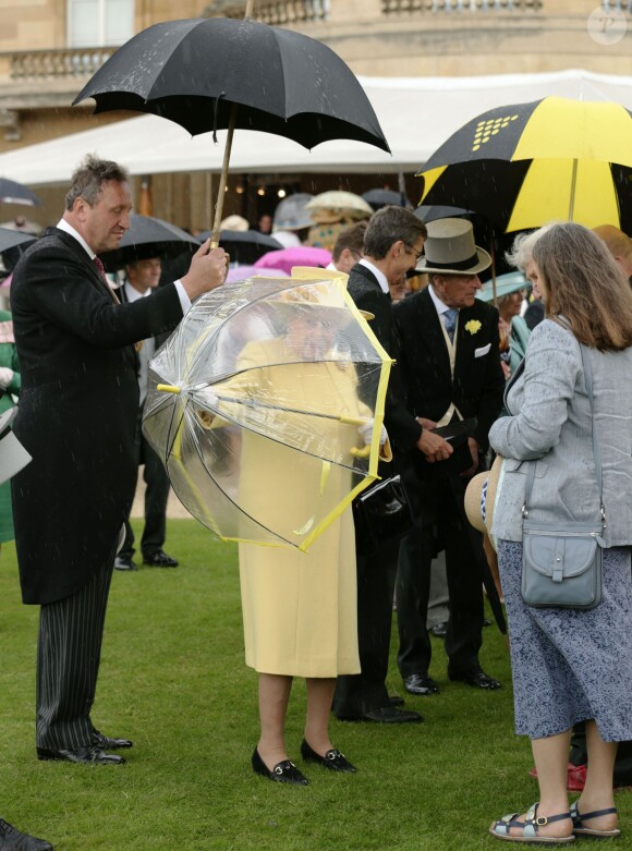 La reine Elizabeth II avait choisi une tenue jaune primevère pour ensoleillé la pluvieuse troisième garden party qu'elle donnait à Buckingham Palace le 3 juin 2014.