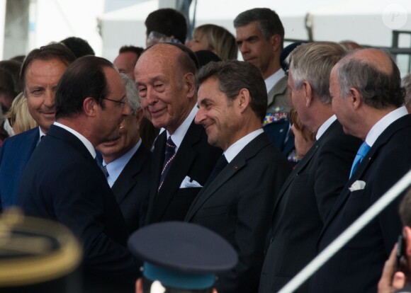 Claude Bartolone, Valéry Giscard d'Estaing, François Hollande (président français), Nicolas Sarkozy - Cérémonie de commémoration du 70e anniversaire du débarquement sur la plage Sword Beach à Ouistreham, le 6 juin 2014.