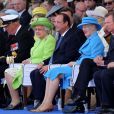 Ivan Gasparovic (Président de Slovaquie), le roi Harald de Norvège, , la reine Elisabeth II d'Angleterre, François Hollande, la reine Margrethe de Danemark et le Grand-Duc Henri de Luxembourg - Cérémonie de commémoration du 70e anniversaire du débarquement sur la plage Sword Beach à Ouistreham, le 6 juin 2014.
