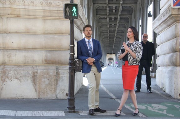 Exclusif - Scott Clifton et Ashleigh Brewer - Tournage de la série "Amour, Gloire et beauté" pour fêter les 25 ans de diffusion sur France 2 à Paris le 12 juin 2014.