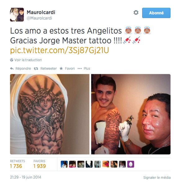 Mauro Icardi se fait tatouer les prénoms des enfants de sa femme Wanda et Maxi Lopez, son ancien coéquipier et ami - juin 2014
