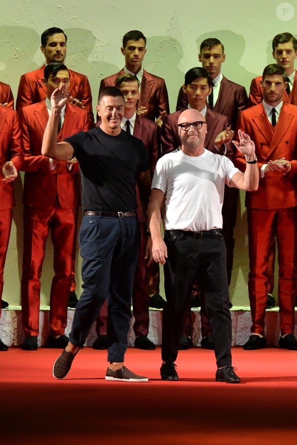 Stefano Gabbana et Domenico Dolce à l'issue du défilé homme Dolce & Gabbana printemps-été 2015. Milan, le 21 juin 2014.