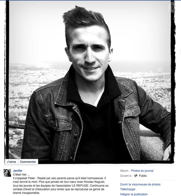 La photo de Peter, le jeune homme homosexuel qui s'est suicidé le 27 juin - hommage de Jenifer sur son compte Facebook
