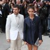 Le chanteur Eli Mizrahi et Nina Dobrev arrivent au Grand Palais pour assister au défilé haute couture Chanel. Paris, le 8 juillet 2014.