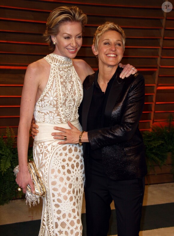 Ellen DeGeneres, Portia de Rossi à la soirée Vanity Fair après la 86e cérémonie des Oscars, le 2 mars 2014