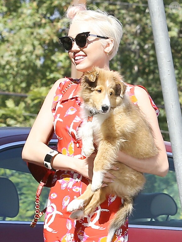 Exclusif - Miley Cyrus avec son chien Emu à Los Angeles, le 29 juin 2014. 