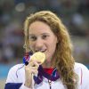 Camille Muffat lors de son titre olympique sur 400 m nage libre aux JO de Londres le 29 juillet 2012. La nageuse a annoncé le 12 juillet 2014, dans L'Equipe, sa retraite sportive, à 25 ans seulement.