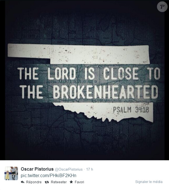Oscar Pistorius est sorti de son silence le 13 juillet 2014 en publiant des messages religieux sur son compte Twitter, ici un psaume.