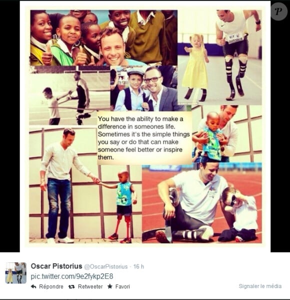 Oscar Pistorius est sorti de son silence le 13 juillet 2014 en publiant des messages sur son compte Twitter, comme ce montage photo où on le voit entouré d'enfants handicapés
