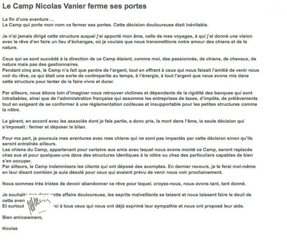 Lettre de Nicolas Vanier publiée sur le site du camp Vanier www.campnicolasvanier.com. Juillet 2014
