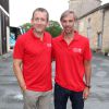 Exclusif - Dany Boon et Paul Belmondo sur le Tour de France pour préparer l'Etape du Coeur pour l'association "Mécénat Chirurgie Cardiaque" à Bergerac le 25 juillet 2014. L'étape du Coeur a eu lieu cette année le samedi 26 juillet 2014, la veille de la fin du Tour de France