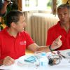 Exclusif - Dany Boon et Paul Belmondo sur la 20e étape du Tour de France lors de l'Etape du Coeur pour le compte de l'association Mécénat Chirurgie Cardiaque à Périgueux le 26 juillet 2014.