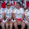 Exclusif - Roger Legeay, Paul Belmondo, Richard Virenque, Bernard Hinault sur la 20e étape du Tour de France lors de l'Etape du Coeur pour le compte de l'association Mécénat Chirurgie Cardiaque à Périgueux le 26 juillet 2014.