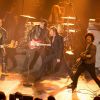 Exclusif - Le guitariste Brian Setzer (Stray Cats), Fred Jimenez et Yarol Poupaud avec Johnny Hallyday en concert au Théâtre de Paris pour son anniversaire lors de la tournée "Born Rocker Tour", le 15 juin 2013