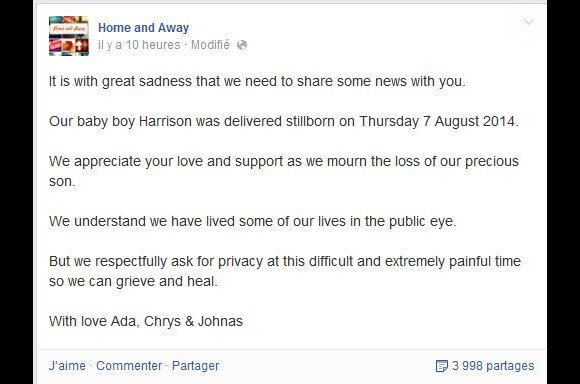 C'est sur la page Facebook de la série Home and Away qu'Ada Nicodemou a annoncé la perte de son bébé, le 7 août 2014.